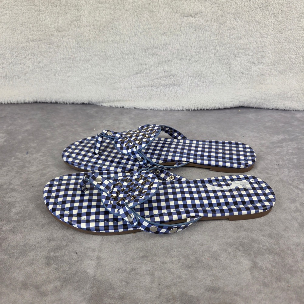 Gingham Print Medallion Logo Flat Thong Sandals Blue White Size 10